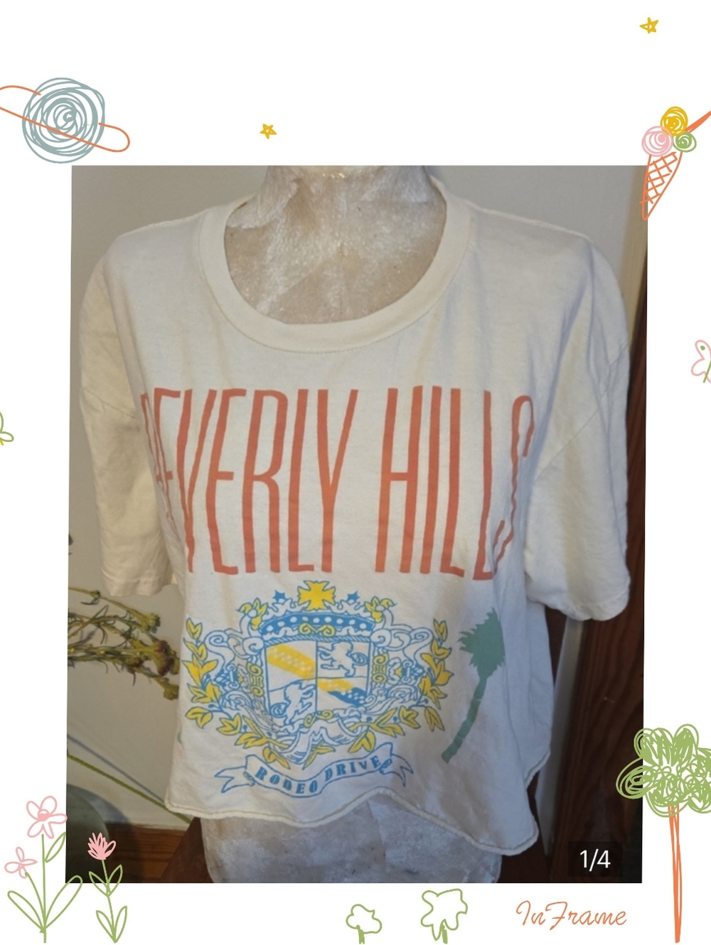 Beverly Hills Graphic Crop Tee - Cream with Coral & Multi Print Size Lg